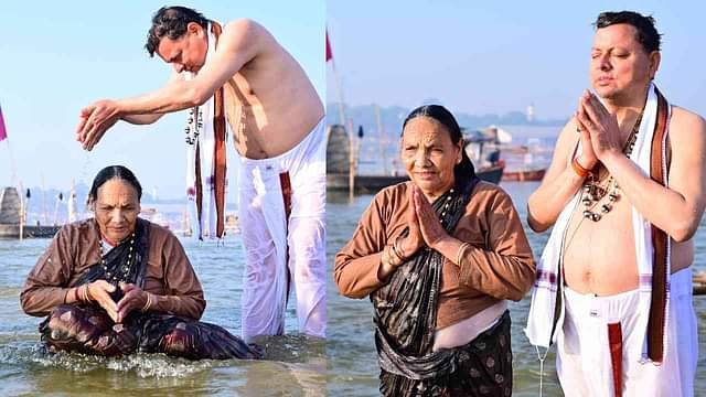 cm in pragraj त्रिवेणी संगम पर सीएम धामी ने मां को लगवाई डुबकी